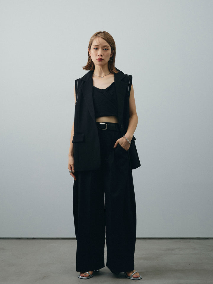 [SET]ステッチデザインベスト+リネンライクカシュクールデザインビスチェ+コクーンワイドチノパンツ(3set)