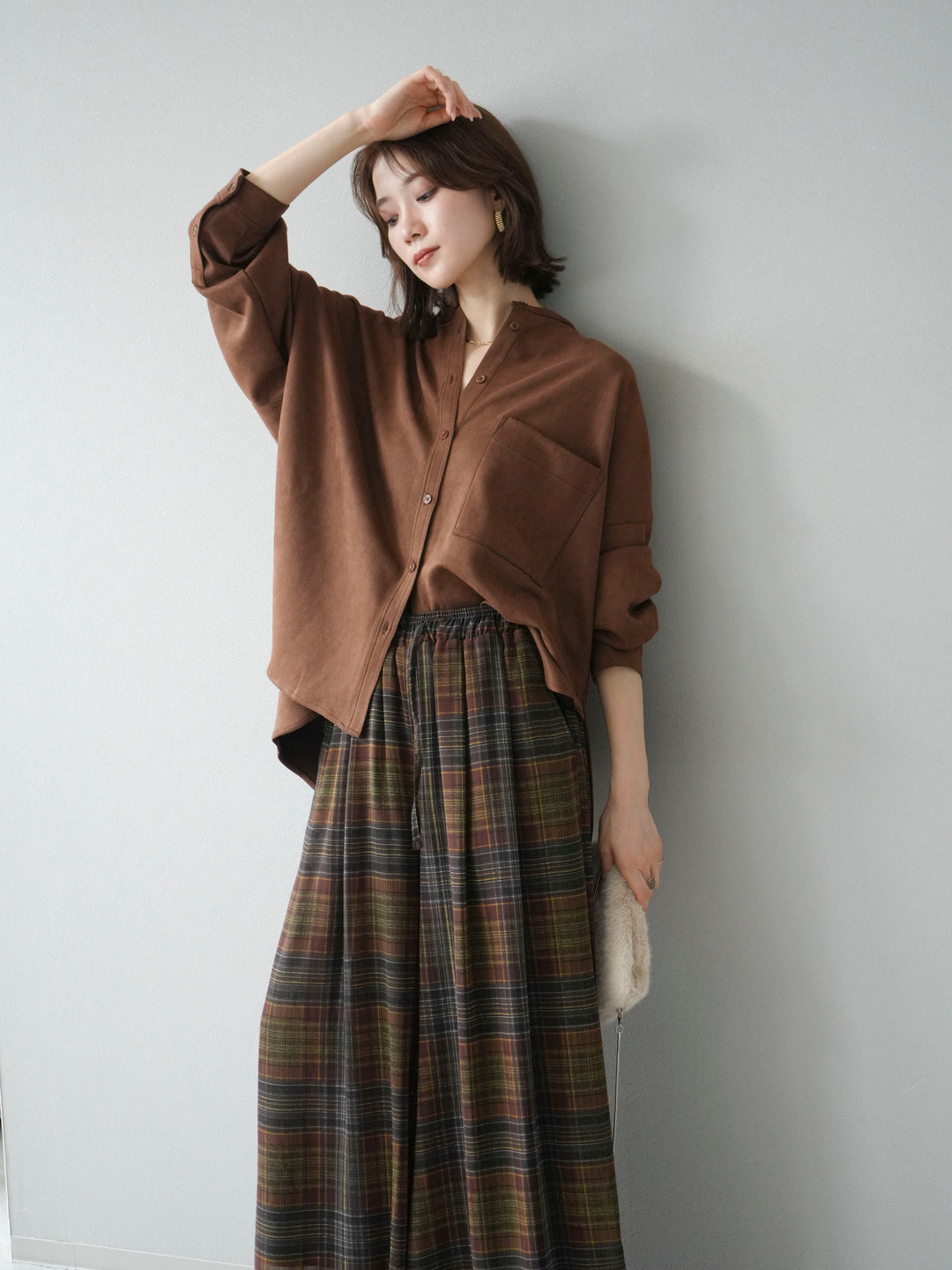 [SET]スエードバンドカラーオーバーシャツ+シアーチェックバギーパンツ(2set)