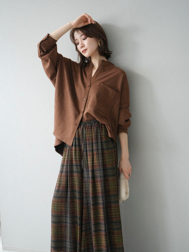 [SET]スエードバンドカラーオーバーシャツ+シアーチェックバギーパンツ(2set)