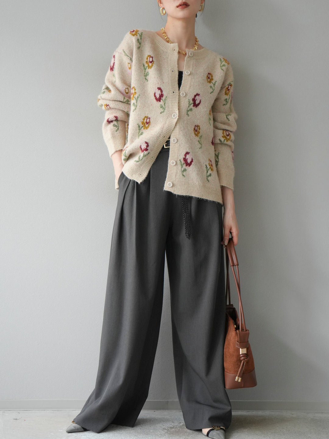 [予約]ウールタッチフラワーニットカーディガン/アイボリー