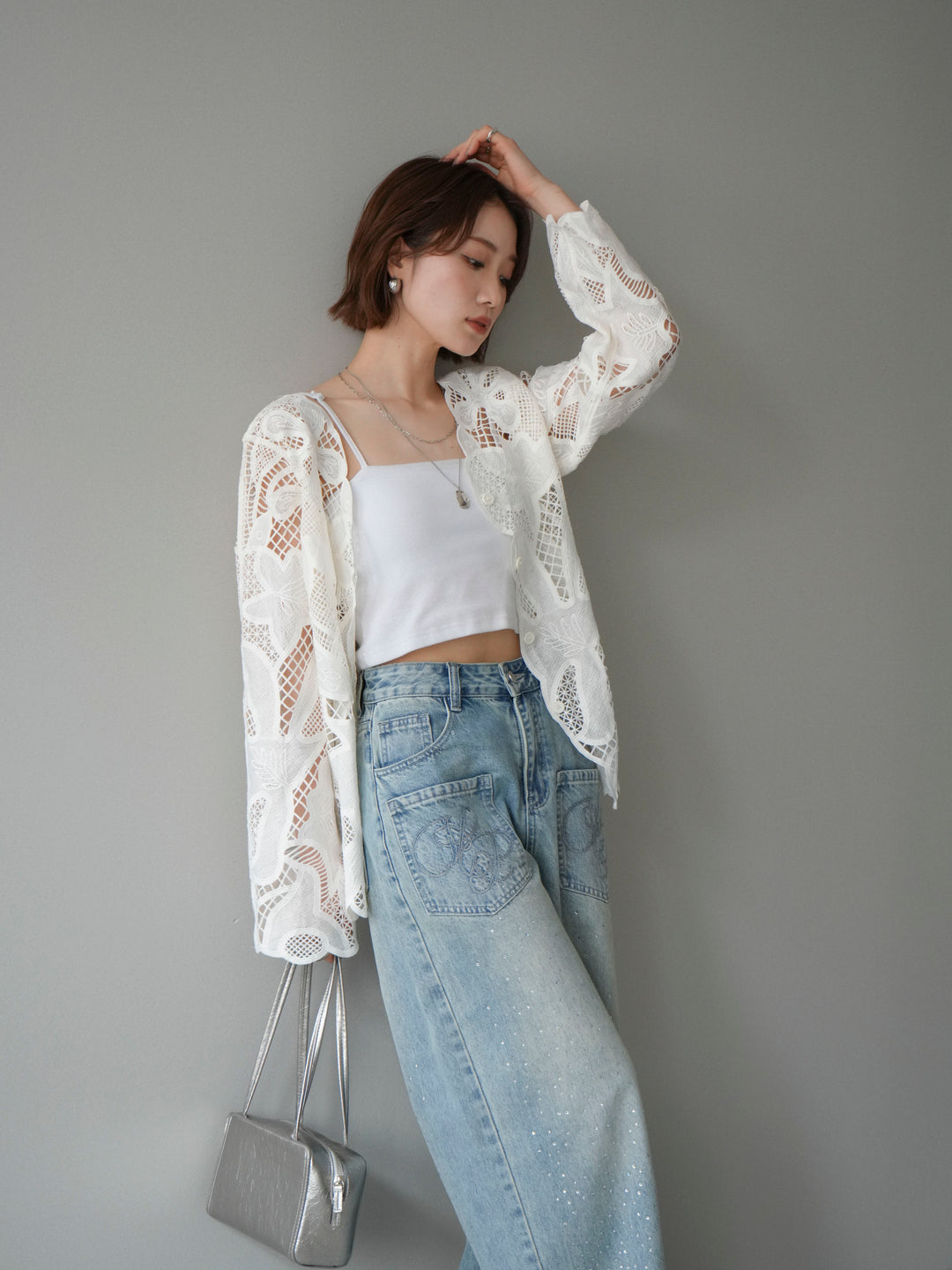 【套裝】3D蕾絲荷葉邊上衣+前口袋串珠闊腿牛仔褲（兩件套）