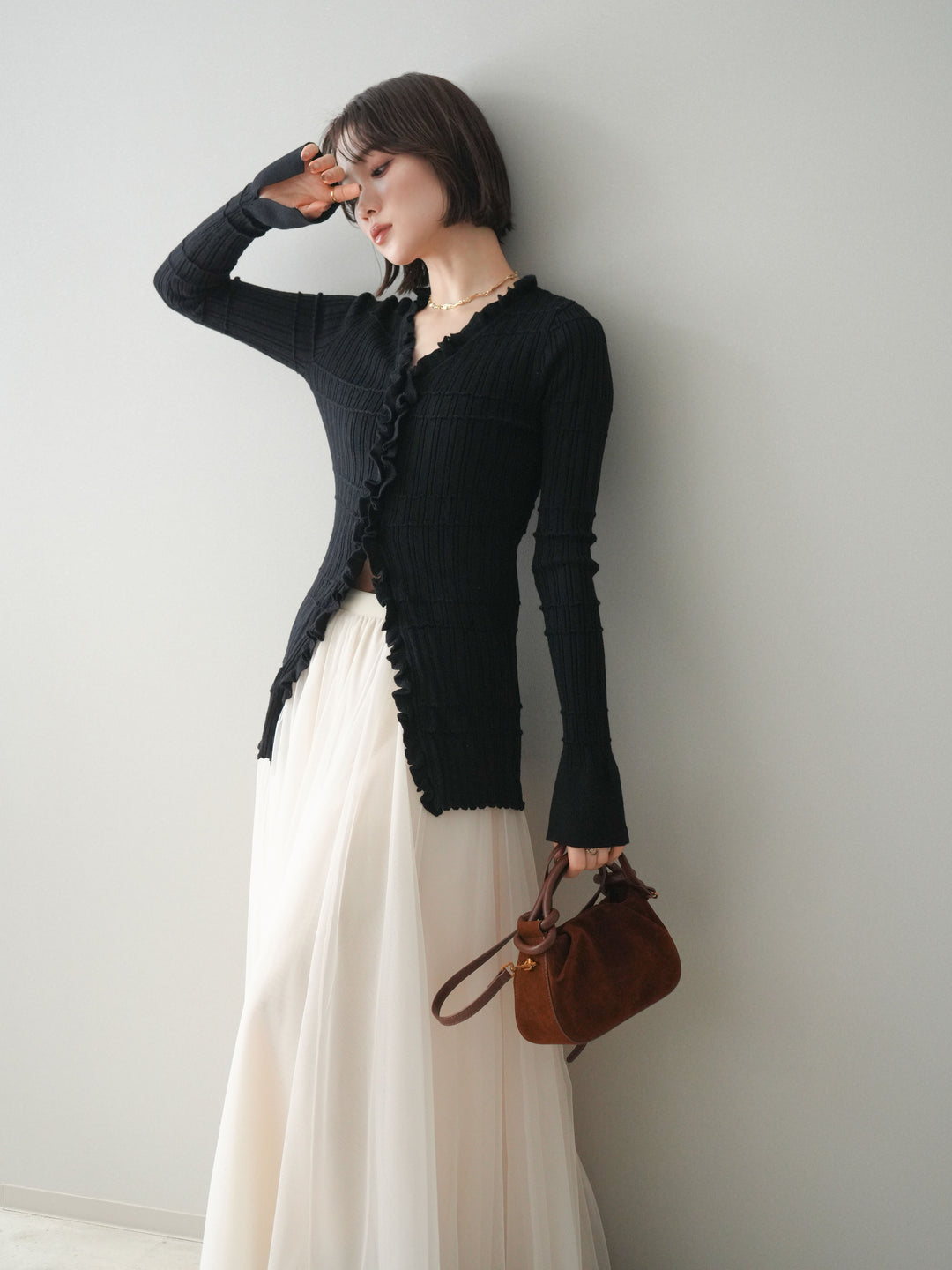 [予約]フロントフリルリブニットカーディガン/black