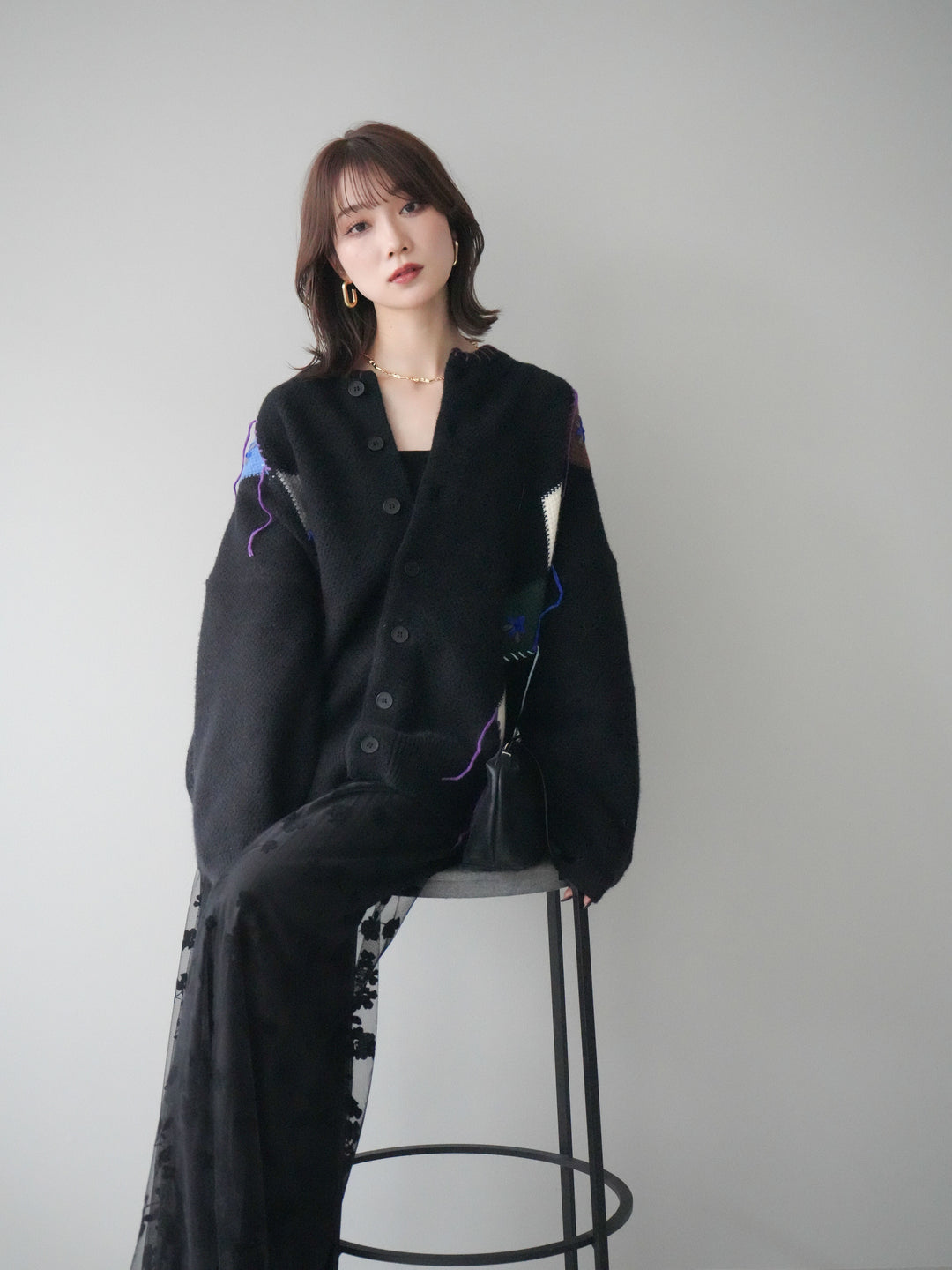 [予約]ハンドステッチアーガイルデザインニットカーディガン/black