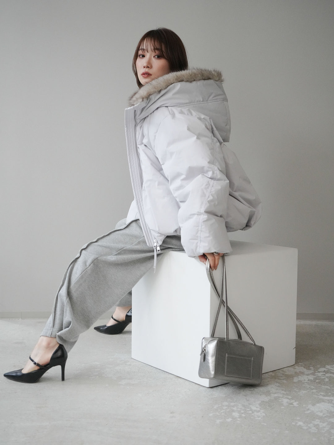 [予約]フードファーショートダウンコート/lightgray