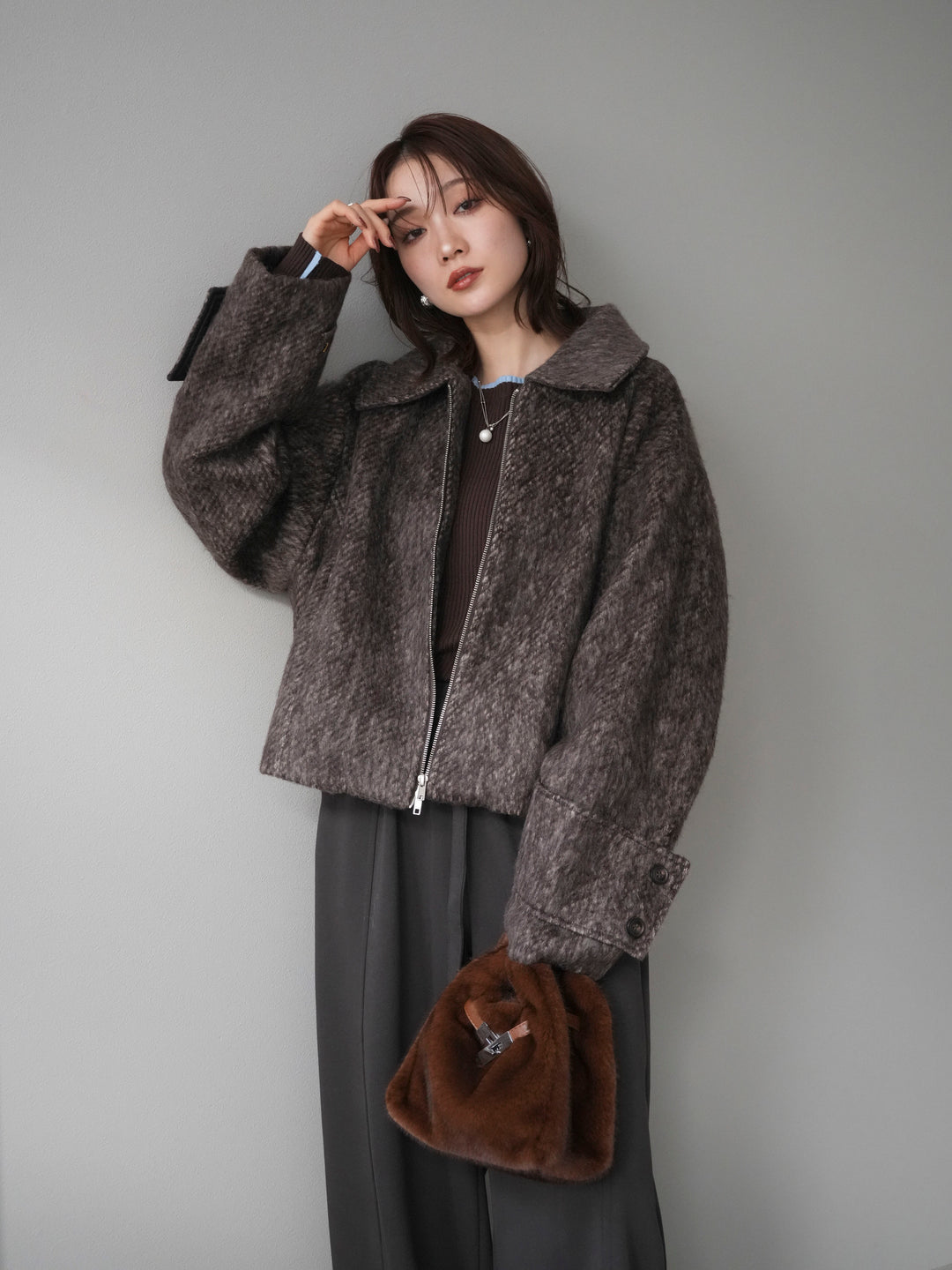 [予約]袖ビックループシャギージップブルゾン/brown