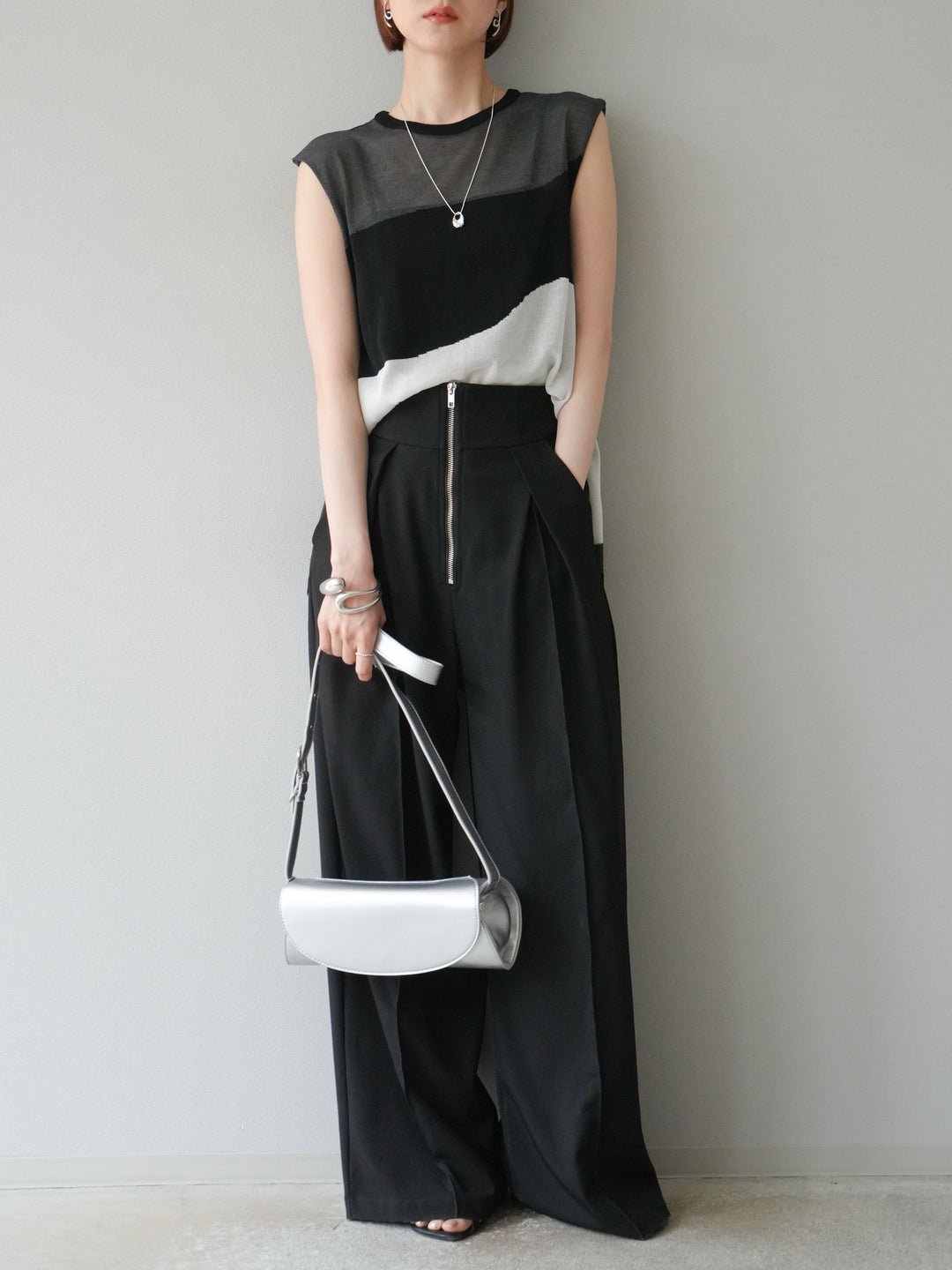 [SET]バイカラーシアーニットノースリーブ+ジップタックワイドパンツ(2set)