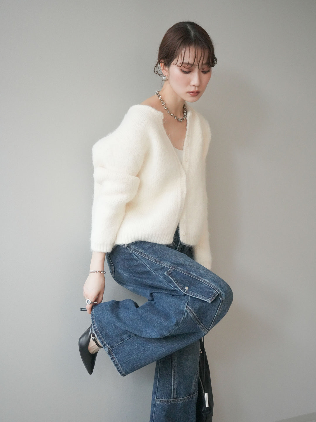 [予約]キーネックシャギーニットカーディガン/ivory