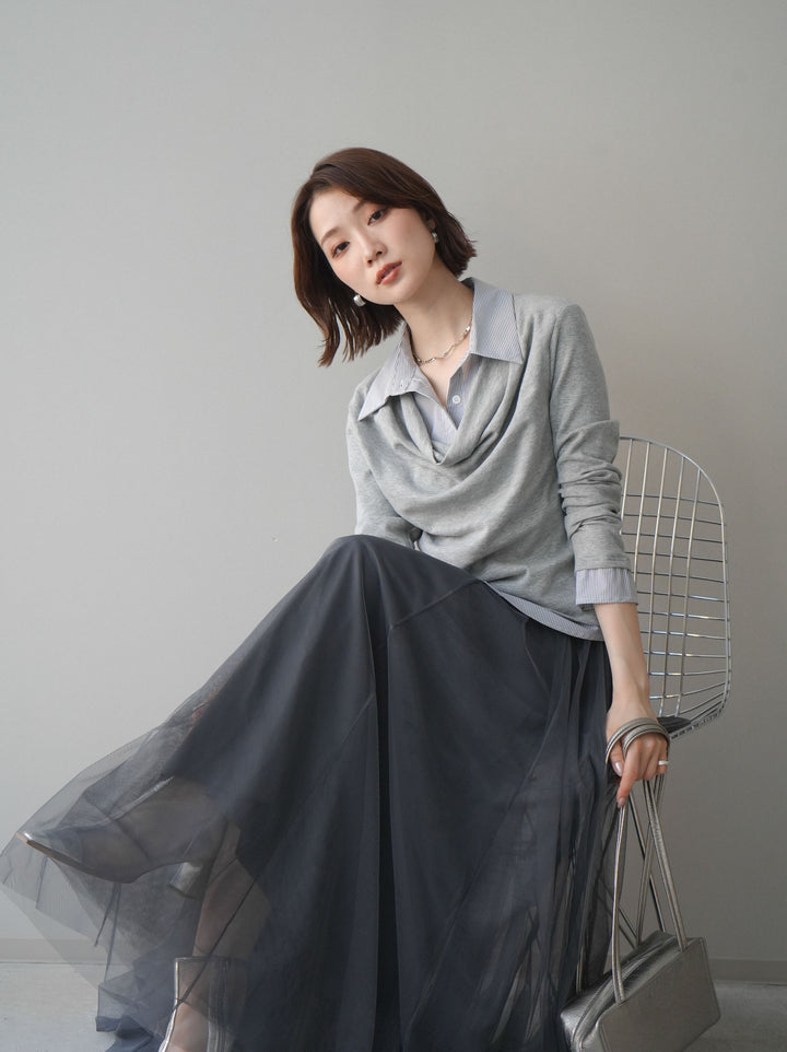 [予約]ストライプドッキングシャツドレープカットソー/gray