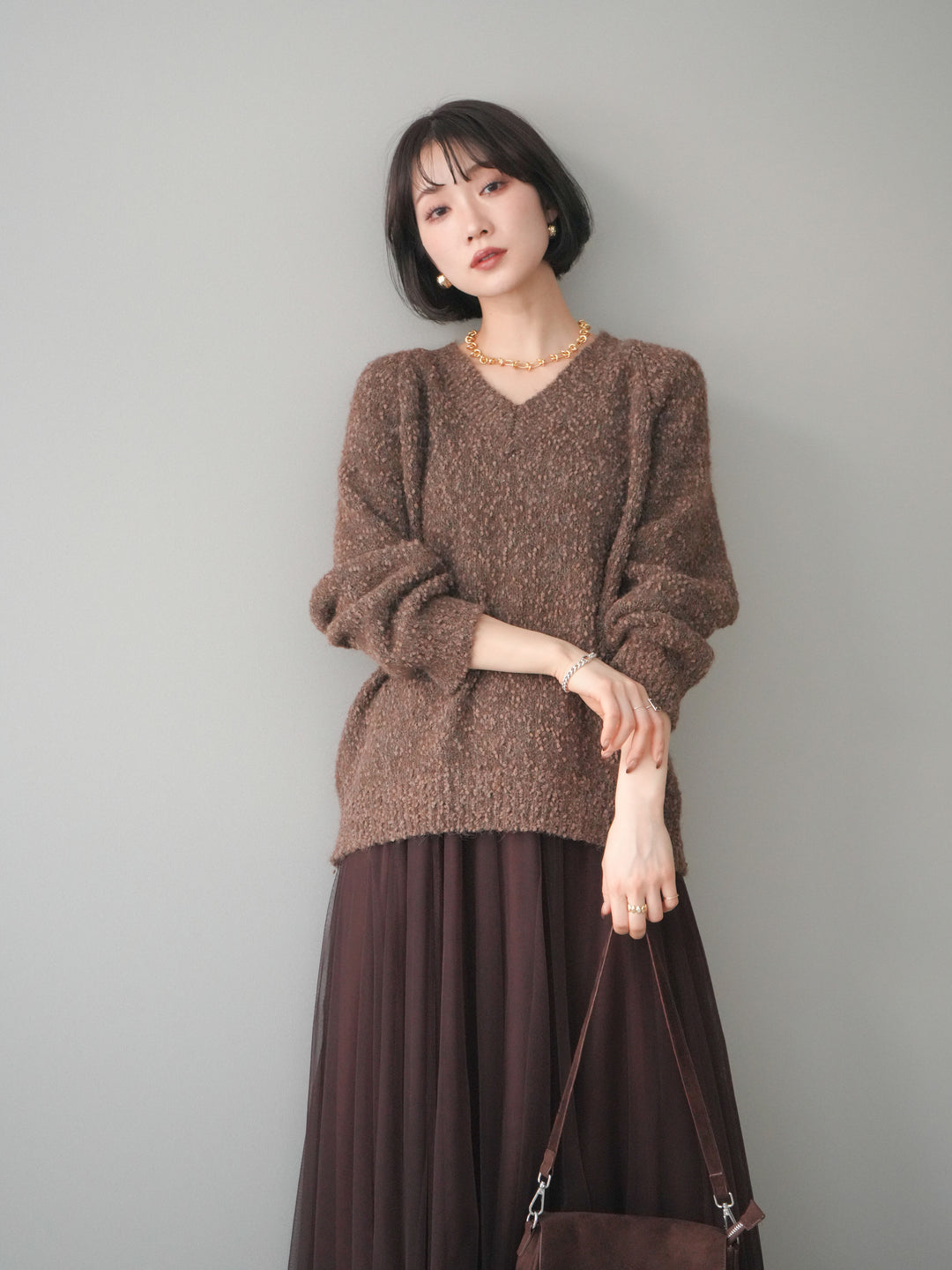 [SET]Vネックスラブニットプルオーバー+選べるアクセセット(2set)