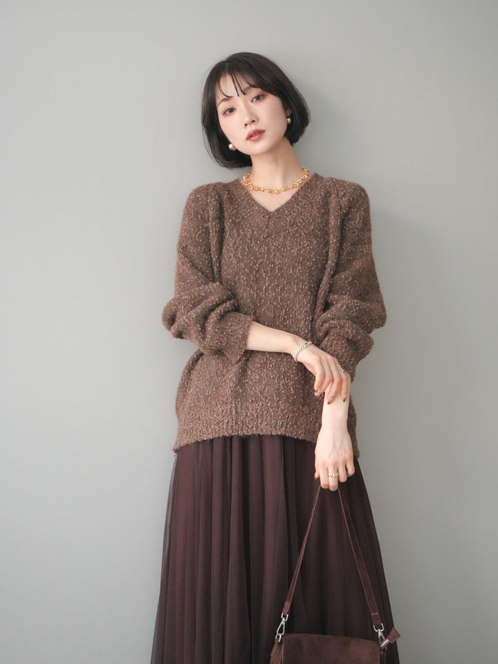 [SET]Vネックスラブニットプルオーバー+選べるアクセセット(2set)