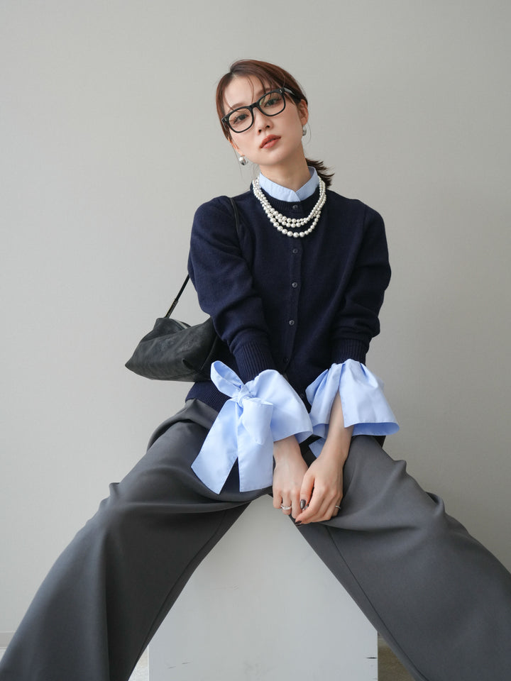 [予約]ウールライクリボンシャツカーディガン/navy