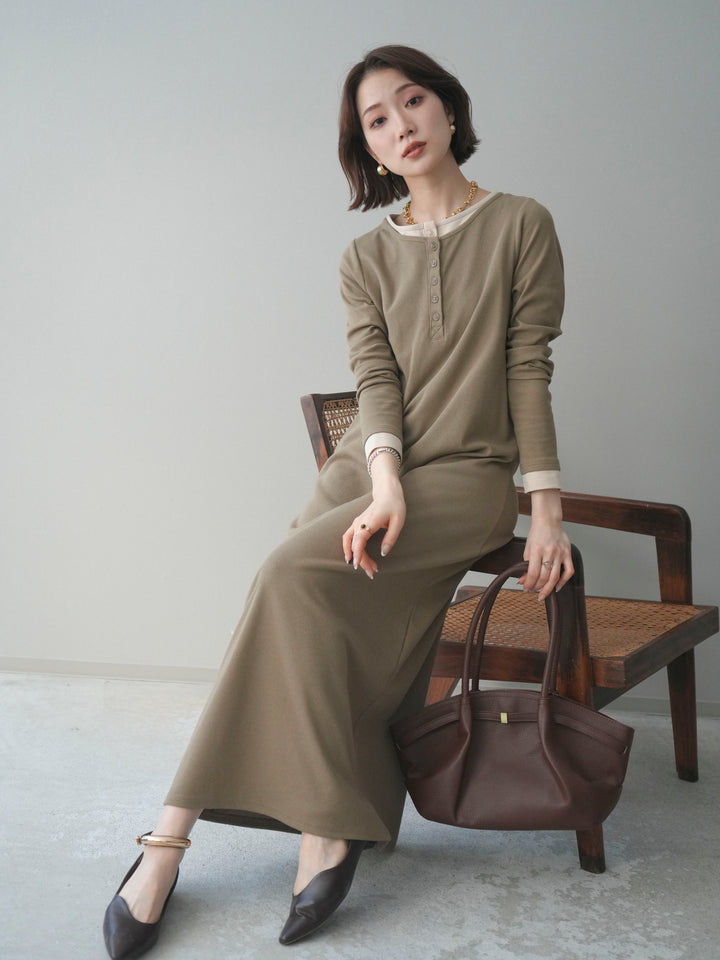 [予約]配色レイヤードヘンリーネックカットリブワンピース/mocha