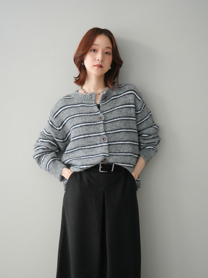 [SET]ボーダーシャギーニットカーディガン+ベルト付きフロントタックワイドパンツ(2set)