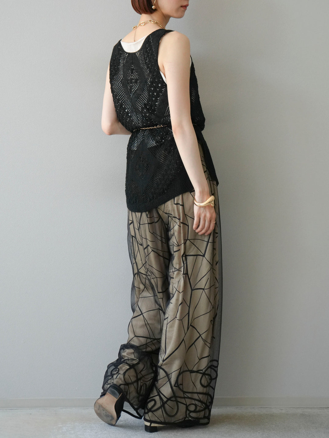 [予約]ビスコースサテンプリントタックイージーパンツ/ベージュ