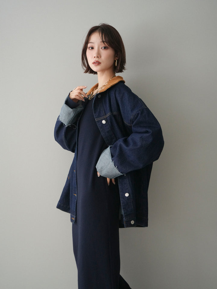 [SET]2WAYニットワンピース+コーデュロイ×デニムミドルジャケット(2set)