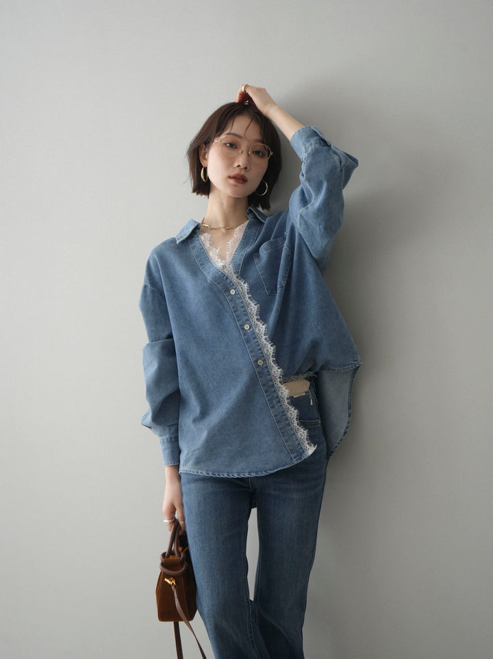 [SET]レースレイヤードデニム開襟シャツ+選べるアクセセット(2set)