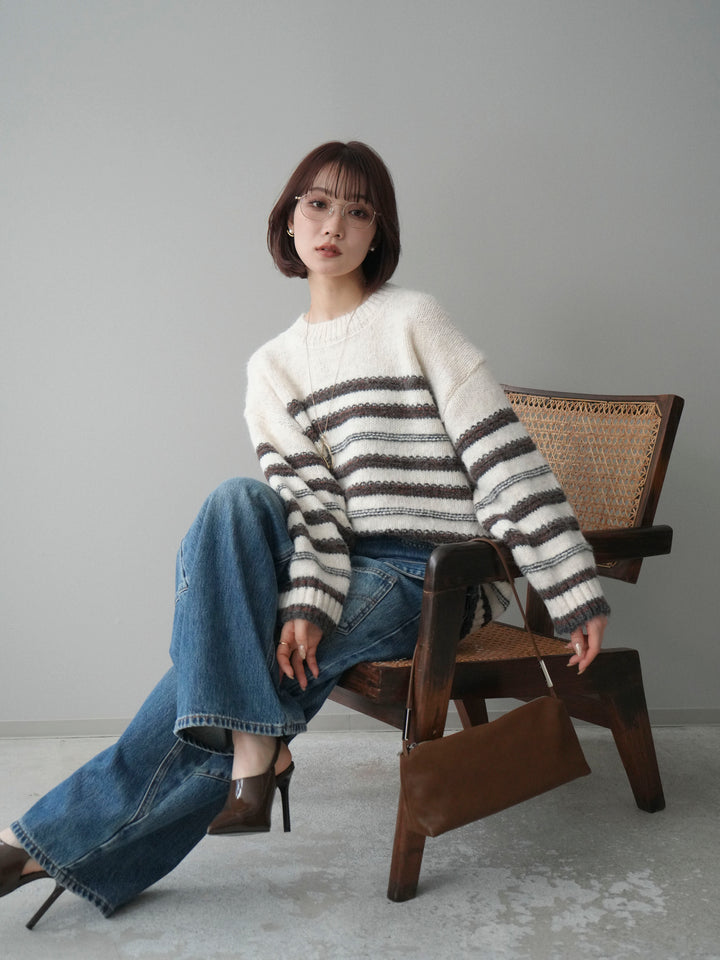 [予約]ステッチボーダーニットプルオーバー/white