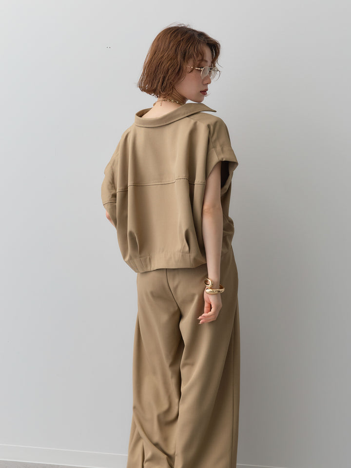 【套裝】縐綢燈籠無袖襯衫 + 縐綢闊腿褲（兩件套）