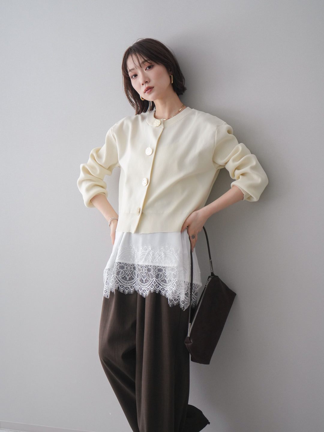 [SET]メタルボタンクルーネックニットカーディガン+選べるアクセセット(2set)