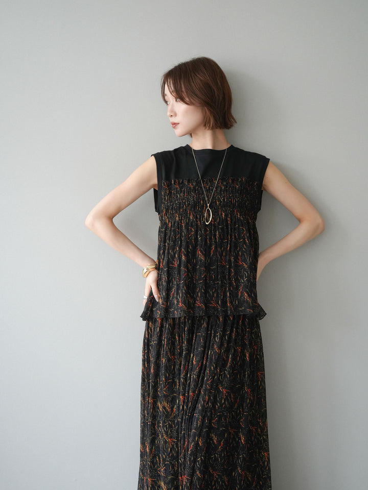 [予約]チュールプリントノースリーブトップス/black