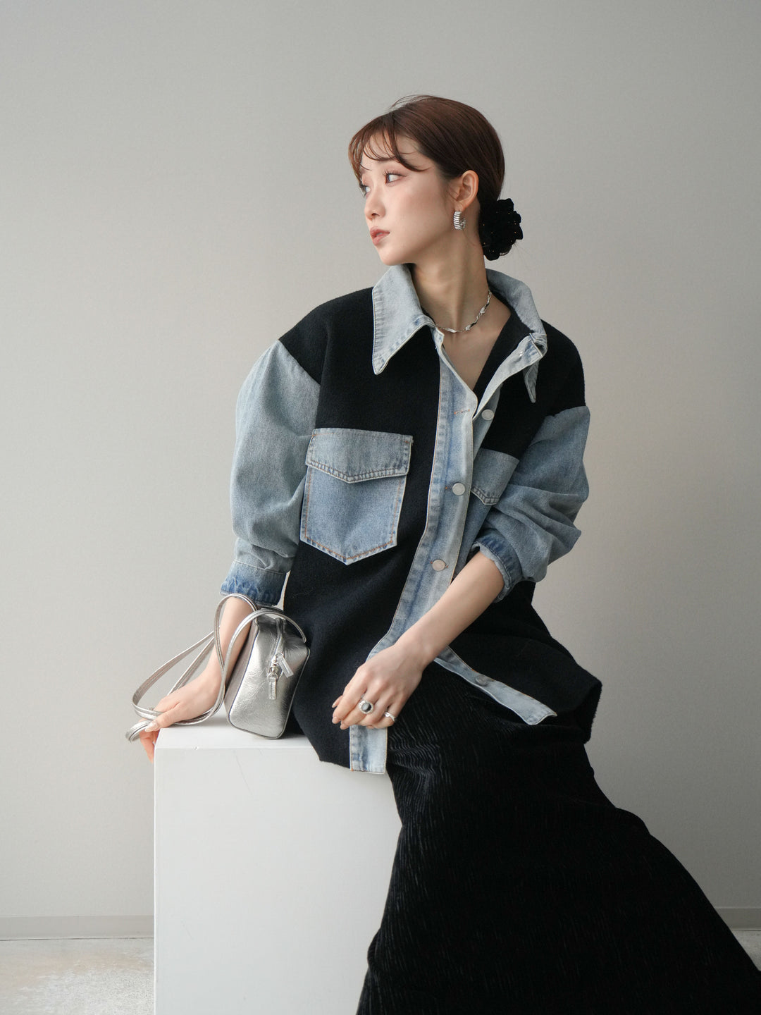 [予約]デニム襟ダブルフェイスニットカーディガン/black