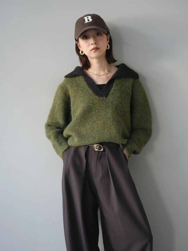 [SET]バイカラー襟付きニットプルオーバー+ベルトループデザインワイドパンツ(2set)