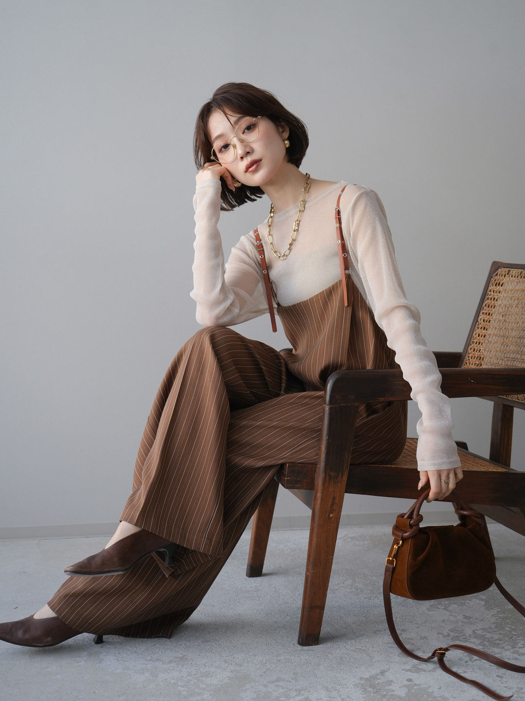 [予約]ヘリンボーンストライプサス付サロペット/goldbrown