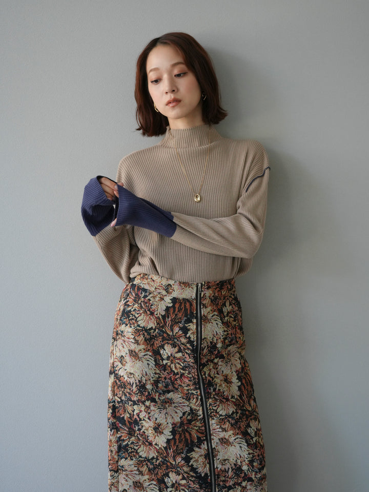 [予約]ボトルネック配色リブニットプルオーバー/ベージュ×アイアンブルー