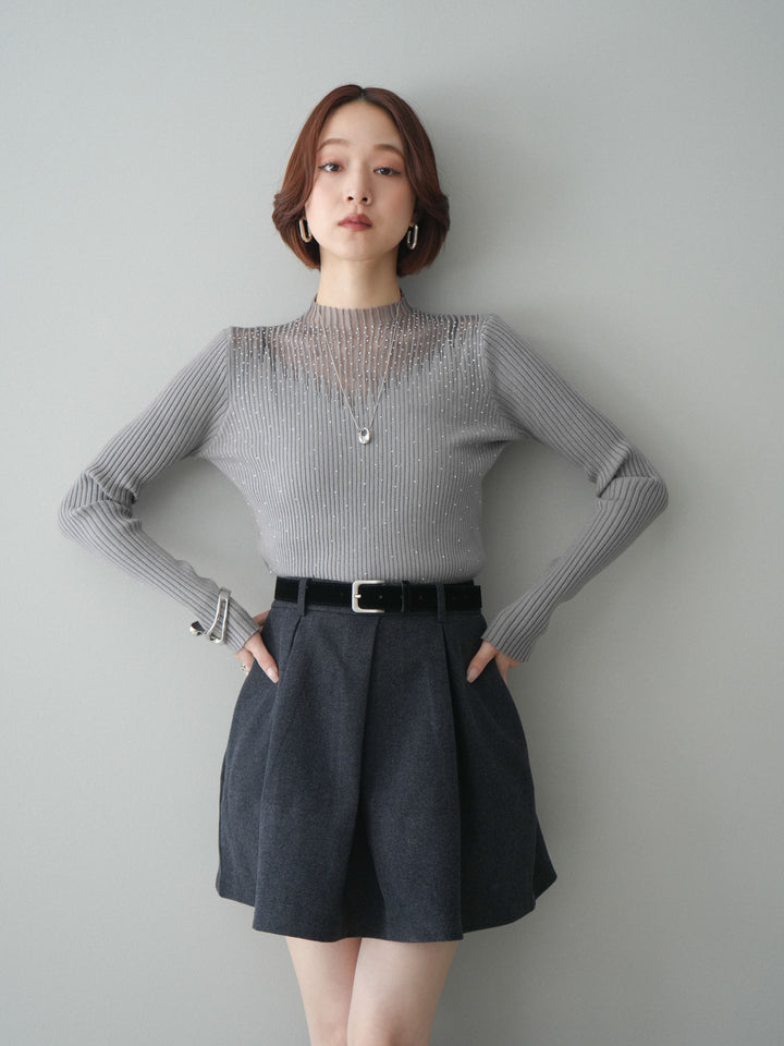 [SET]シアー切替スパンコールリブニットトップス+ベルト付きタックミニスカート(2set)