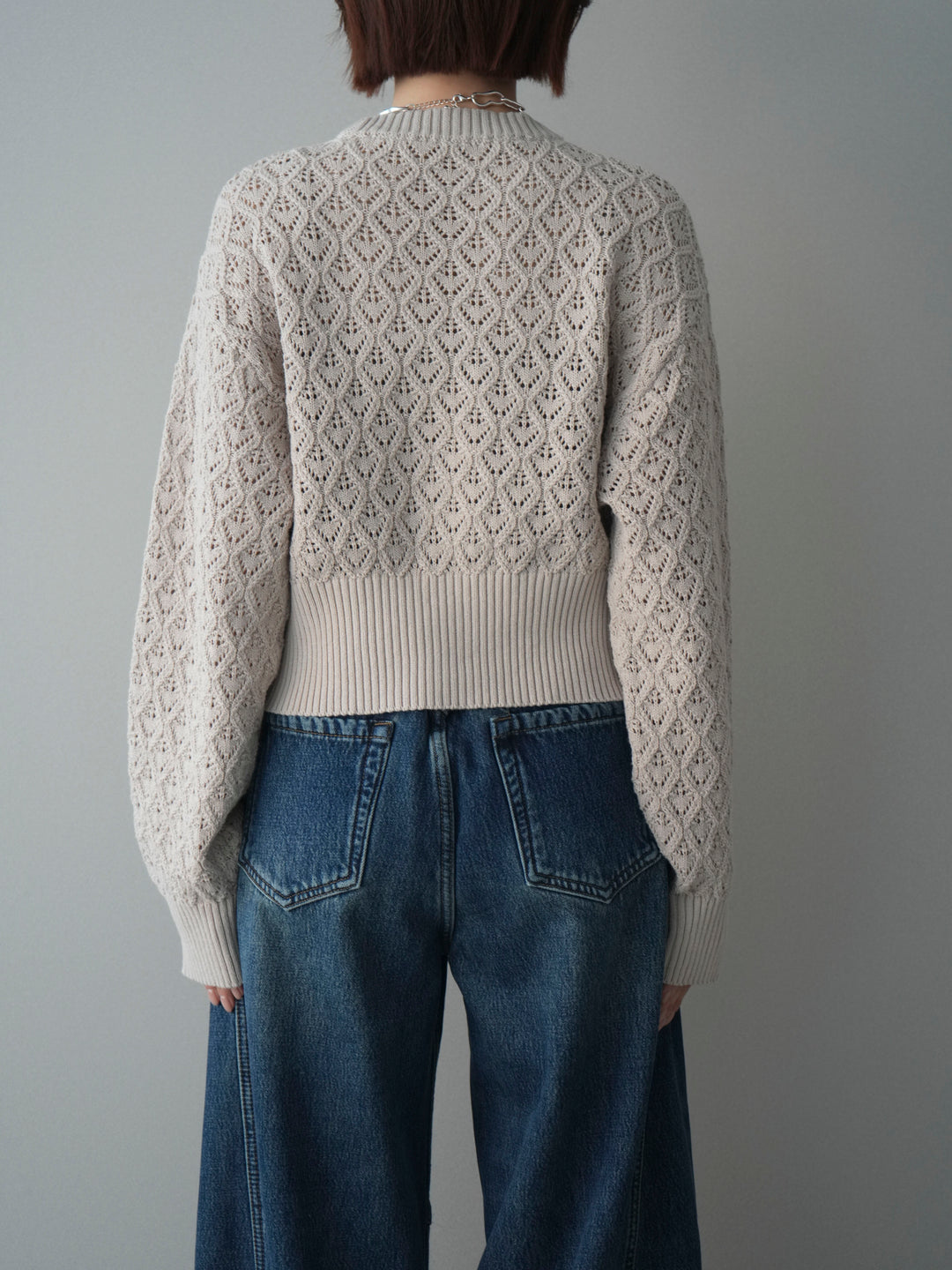 [予約]透かし編みフロントジップスリットニットプルオーバー/lightbeige