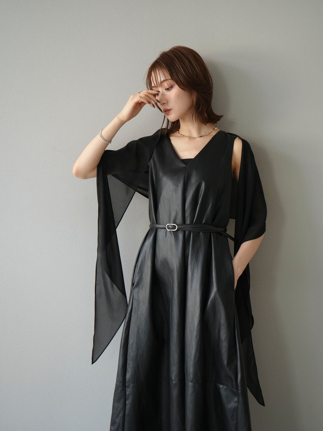 [予約]レザーAラインワンピース/ブラック