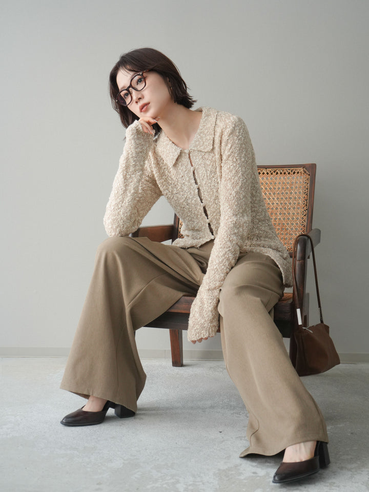 [予約]透かし編みブークレポロニットトップス/beige