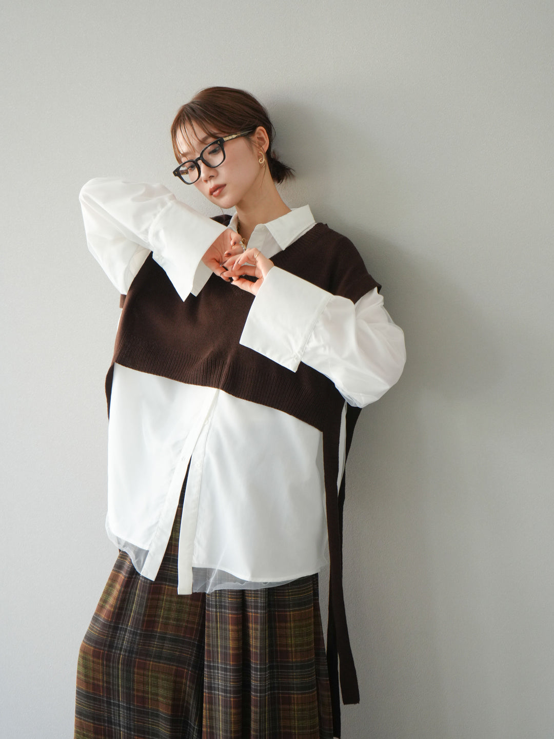 [予約]サイドリボンVネックショートニットベスト/ブラウン