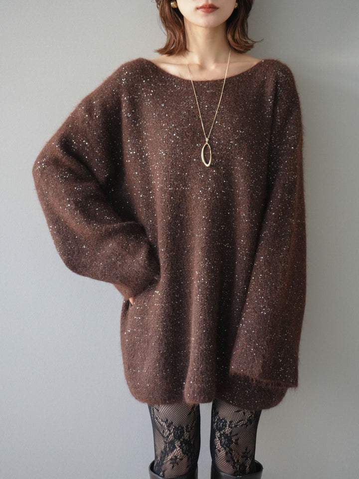 [予約]スパンコールミニシャギーニットチュニック/brown