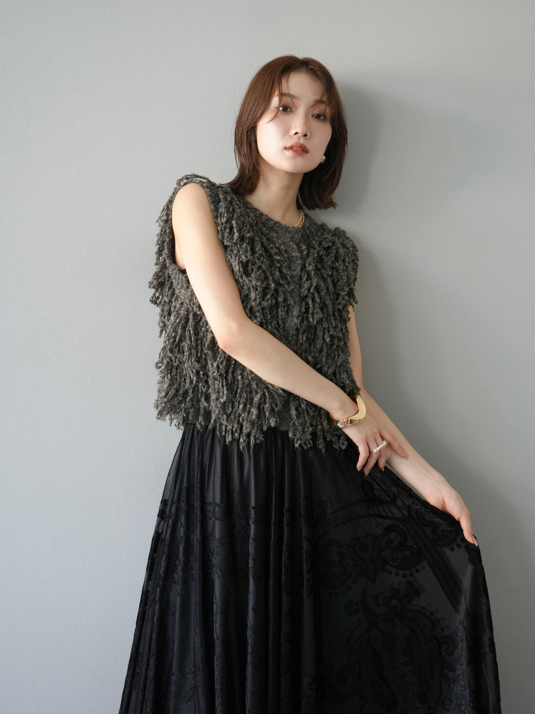 [SET]フリンジループニットベスト+アンティーク柄フロッキーマキシスカート(2set)