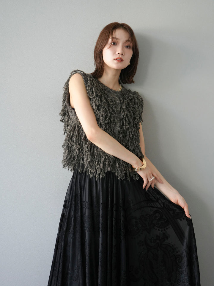 [SET]フリンジループニットベスト+アンティーク柄フロッキーマキシスカート(2set)