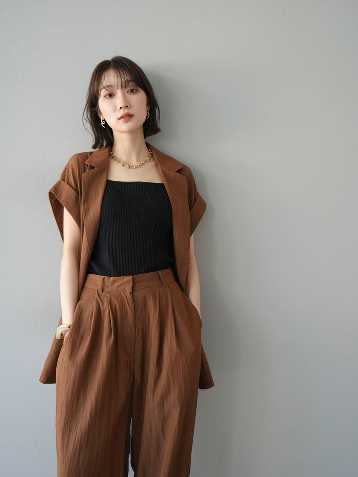 [套裝] 亞麻風格無袖雙背心 + 雙肩帶剪裁羅紋胸罩吊帶背心（2 件套）