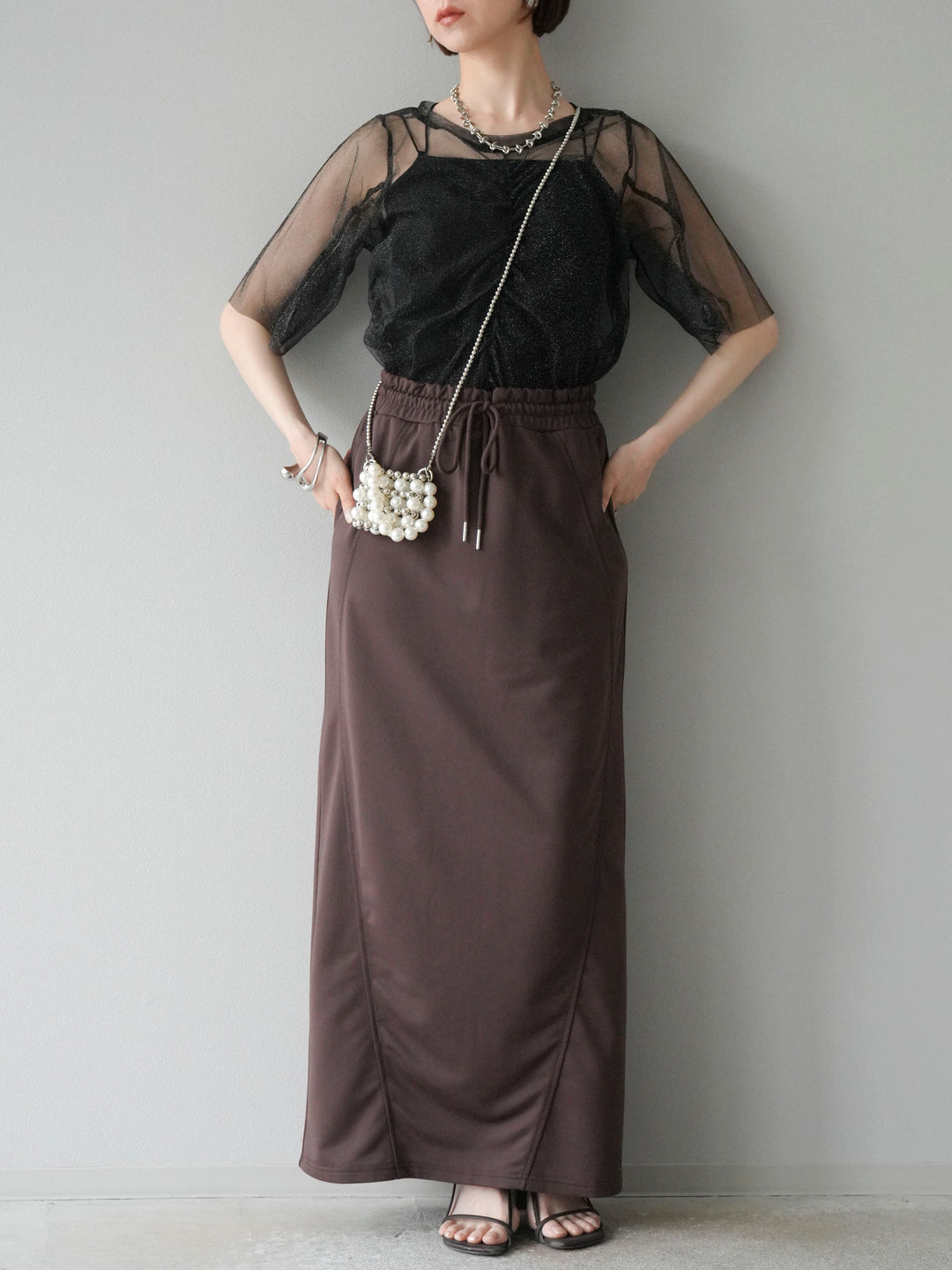 [SET]ラメチュールシャーリングプルオーバー+スウェットロングスカート(2set)