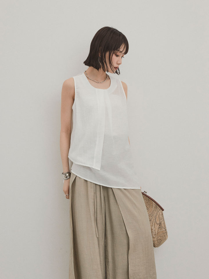 [SET]シアータックアシンメトリーブラウス+ワッシャーサテンレイヤードスカートパンツ(2set)