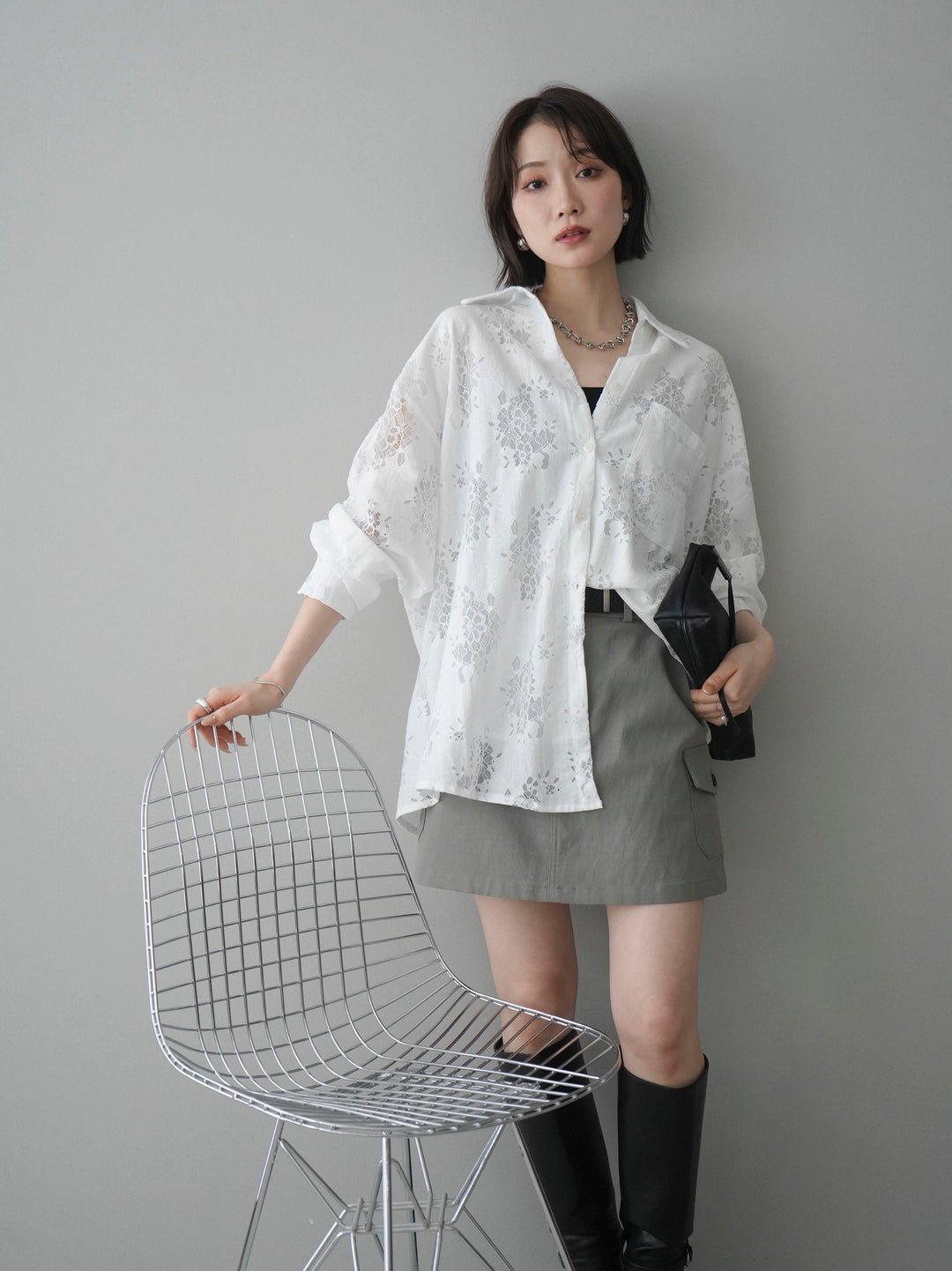 【套裝】提花蕾絲罩衫+繫帶工裝迷你裙（兩件套）