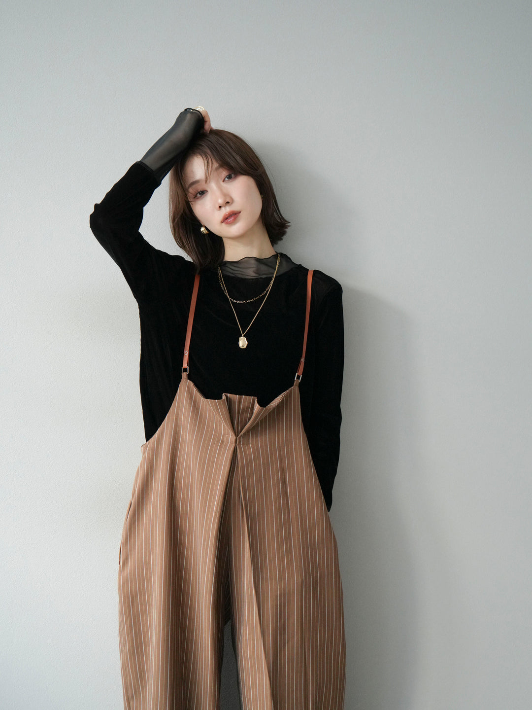 【着回しセット】[SET]ヘリンボーンストライプジレ+シアー切替ベロアトップス+ヘリンボーンストライプサロペット(3set)