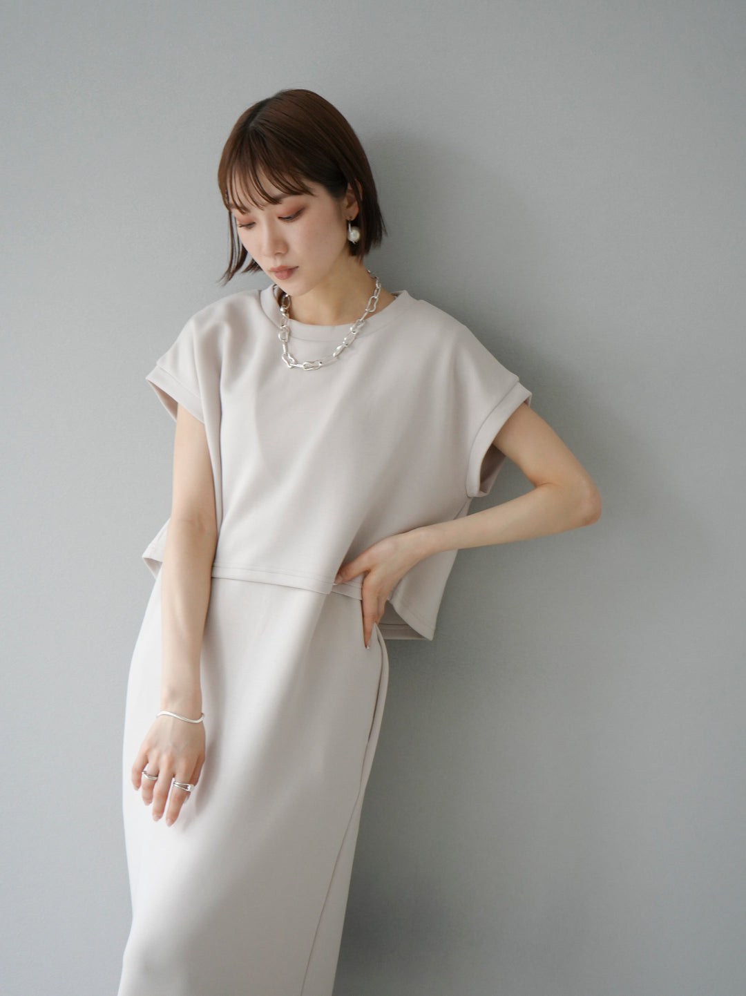 [Pre-order] Light Ponte French Sleeve Top Ensemble Dress/Ivory