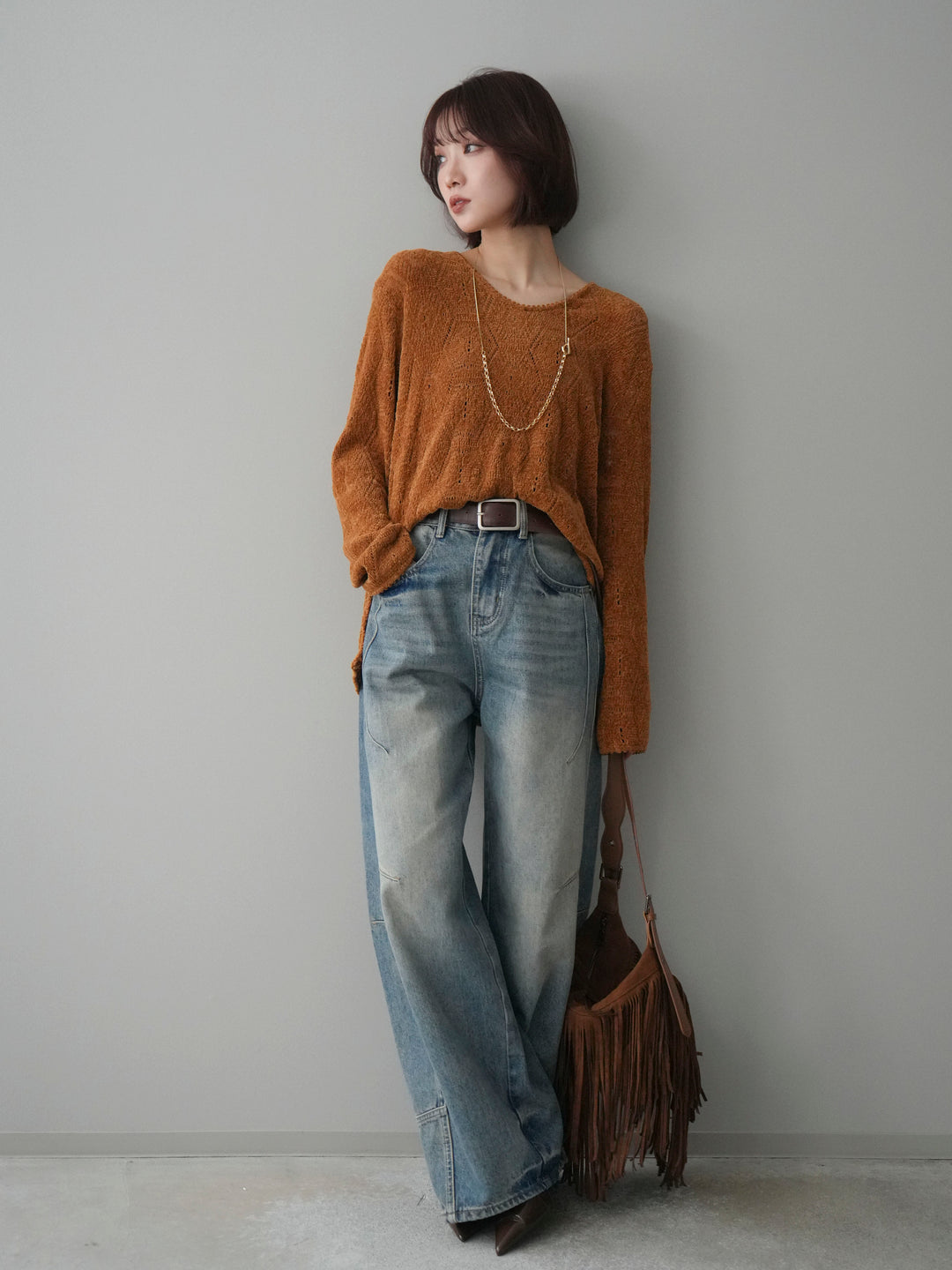 [SET]モール透かし編みニットトップス+ベルト付カーブデニムパンツ(2set)