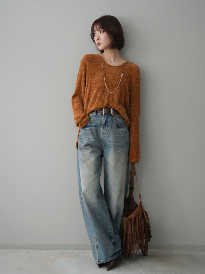 [SET]モール透かし編みニットトップス+ベルト付カーブデニムパンツ(2set)