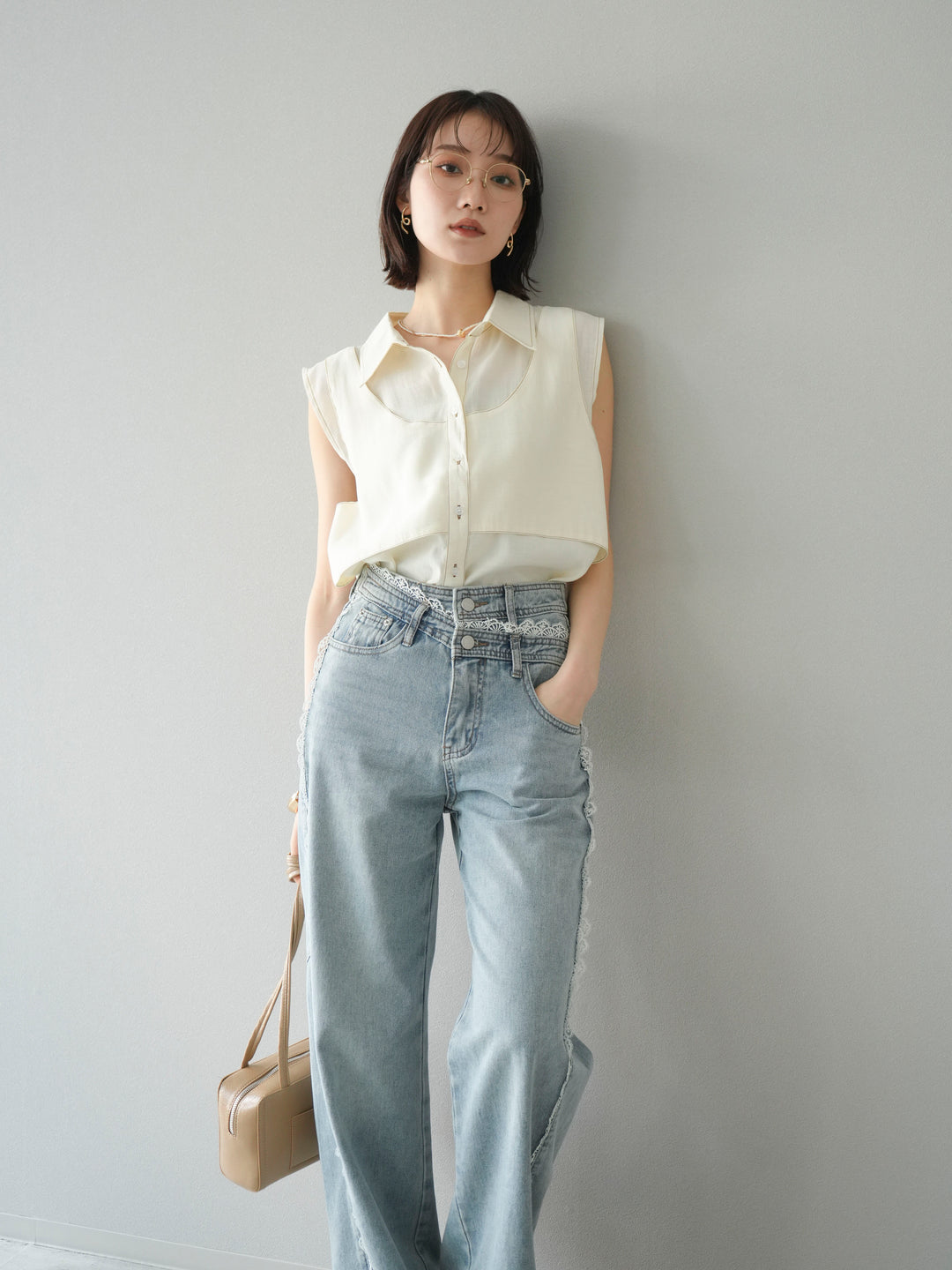 [SET]ステッチシアーレイヤードデザインブラウス+ラインレースデニムパンツ(2set)