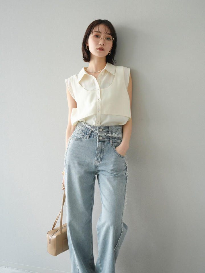 [SET]ステッチシアーレイヤードデザインブラウス+ラインレースデニムパンツ(2set)