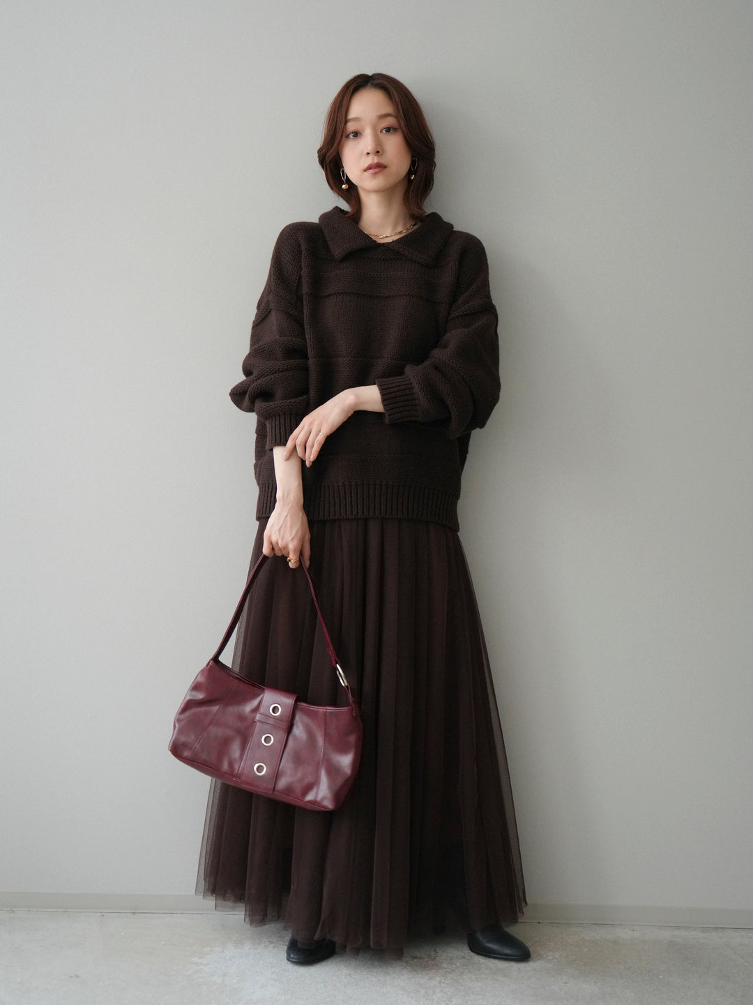 [SET]襟付きボーダー編みニットプルオーバー+チュールボリュームスカート(2set)