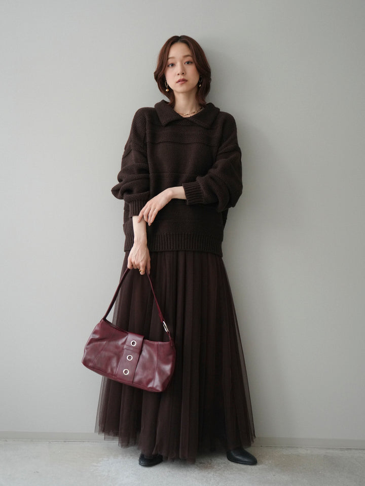 [SET]襟付きボーダー編みニットプルオーバー+チュールボリュームスカート(2set)