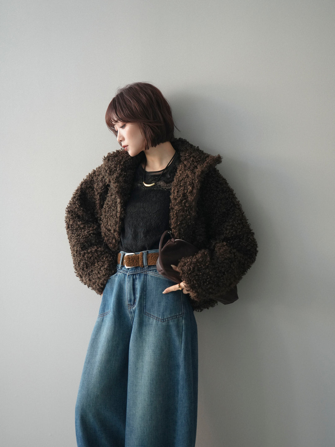 [SET]プードルファーミドルスタンドブルゾン+ベルト付裏起毛カーブデニムパンツ(2set)