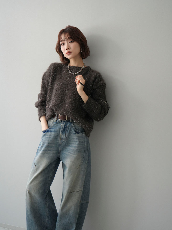 [SET]モールラメミックスヤーンニットプルオーバー+ベルト付カーブデニムパンツ(2set)